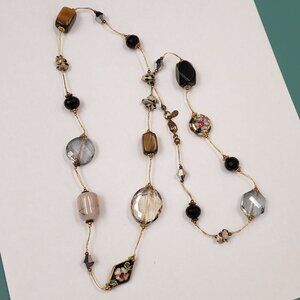 Premier Designs, vintage, Natural stone, glass cloisonne beaded long necklace